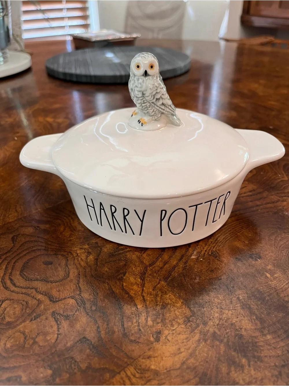 Collectable Rae Dunn/Harry Potter White Ceramic Covered Dish with Owl Knob